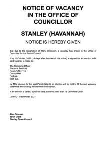 Notice of Vacancy - Stanley Town Council (Havannah Ward) dated 21 Sept 2021